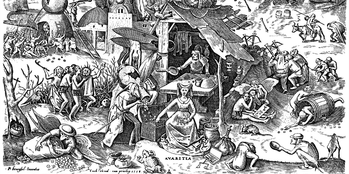 Pieter Bruegel d. Ä. (um 1525/30 – 1569 Brüssel): »Avaritia«, 1558 (Ausschnitt). Kupferstich, 22,5 × 29,5 cm. Brüssel, Bibliothèque Royale, Cabinet&nbsp;Estampes Public Domain