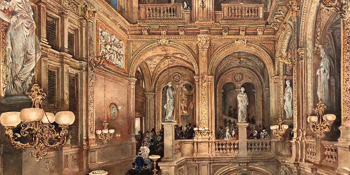 Rudolf von Alt: »Das Treppenhaus des k.k. Hof-Operntheaters«. Aquarell, 1873 (Ausschnitt) © Fürstliche Sammlungen Liechtenstein, Wien &ndash; Vaduz (Foto: Thomas Prochazka)