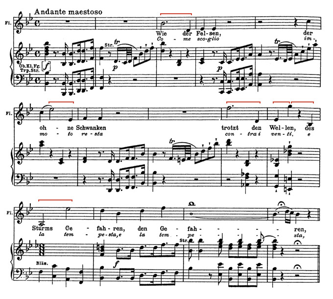 Der Beginn von Fiordiligis Arie »Come scoglio« aus Wolfgang Amadeus Mozarts Oper »Così fan tutte«, K 588, mit den eingezeichneten Registerwechseln zwecks besserer Nachverfolgung Public Domain