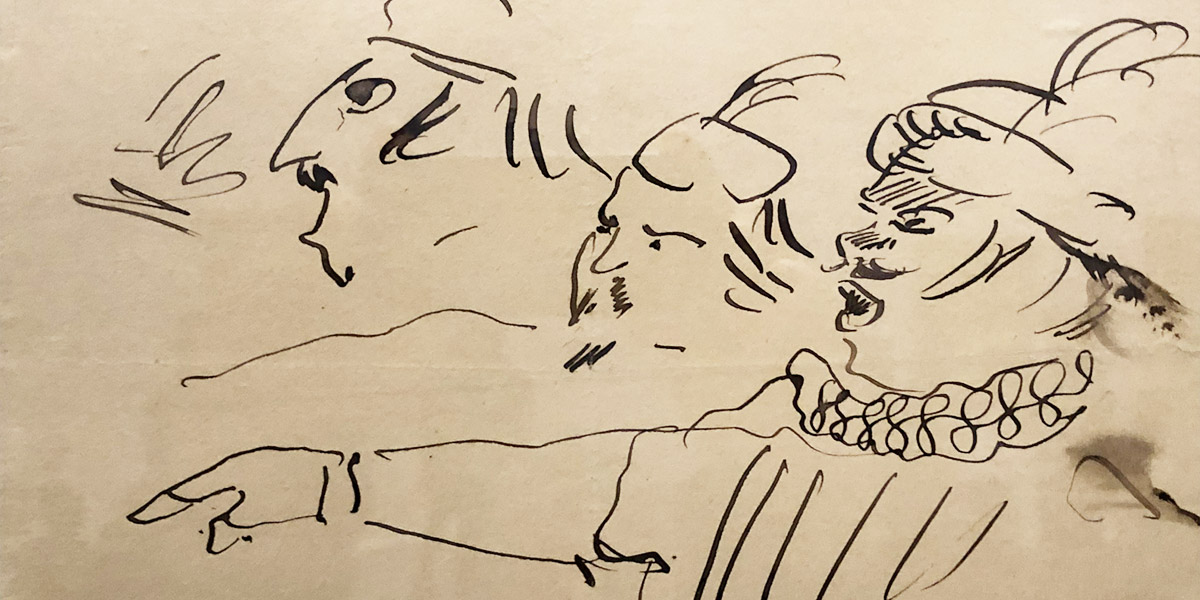 Henri de Toulouse-Lautrec (1864&thinsp;&ndash;&thinsp;1901): &raquo;Acteurs de l'Op&eacute;ra de Bordeaux&laquo; (Ausschnitt), 1900. Encre brune et plume, 25,4&thinsp;&times;&thinsp;20,4&nbsp;cm,1900. Paris, mus&eacute;e d'Orsay, conserv&eacute; au d&eacute;partement Arts graphique de mus&eacute;e du Louvre Foto: Thomas Prochazka